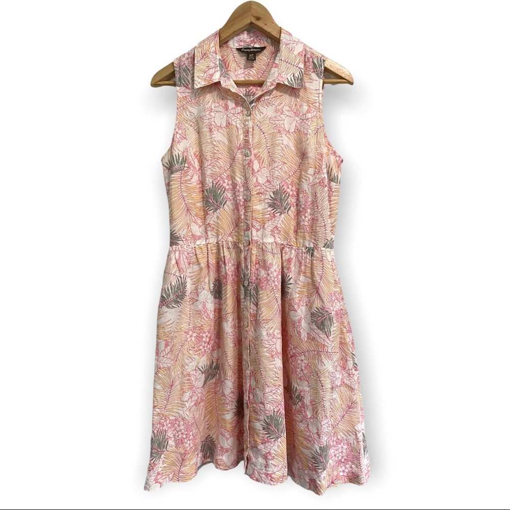 Tommy Bahama Linen Dress Size Small Pink Orange Palm Floral POCKETS